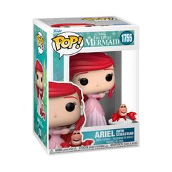 Figura POP Disney Buddy Ariel with Sebastian de vinilo en caja regalo, que incluye a Ariel con vestido rosa y a Sebastian sobre base transparente, ideal para coleccionistas y fans de La Sirenita.