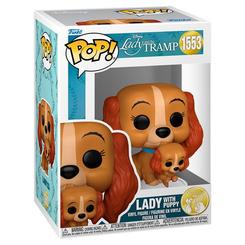 Figura POP Disney La Dama y el Vagabundo Lady with Puppy de vinilo con 9 cm de altura. Representa a Lady con su cachorro y se presenta en caja regalo, perfecta para coleccionistas y fans de Disney.