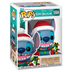 Figura POP Disney Stitch with Lights de vinilo y 9 cm de altura. Representa a Stitch con gorro navideño y luces de colores, presentada en caja regalo.