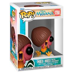 Figura POP Disney Vaiana Moana 3 Hei Hei with Coconut de vinilo con base de arena y coco sobre la cabeza. Representa al gallo Hei Hei con su expresión característica en una figura compacta y colorida.