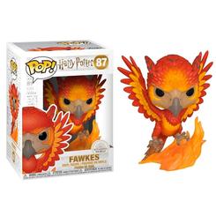Figura POP Harry Potter Fawkes de vinilo con 9 cm de altura. Representa al fénix Fawkes posado sobre una base de llamas, con un diseño fiel a la saga y presentación en caja regalo con ventana.