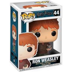 Figura POP Harry Potter Ron Weasley with Scabbers de vinilo de 9 cm. Representa a Ron con su mascota Scabbers y se presenta en caja regalo, ideal para coleccionistas y fans de la saga.