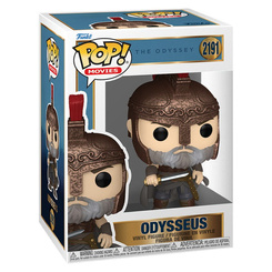 Figura POP de Odysseus de La Odisea con barba gris, casco de aspecto bronceado con cresta roja y espada. Representa al héroe griego con las proporciones de cabeza grande y cuerpo pequeño características de la colección.