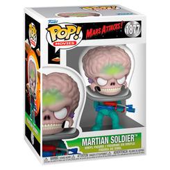 Figura POP Mars Attacks Martian Soldier de vinilo con 9 cm de altura. Representa al soldado marciano con su casco transparente y arma futurista, ideal para coleccionistas y fans de Mars Attacks.