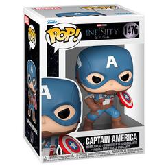 Figura POP Marvel Infinity Saga Capitán América de vinilo con 9 cm de altura. Representa al superhéroe con su escudo y traje azul en una pose dinámica, presentada en caja regalo.