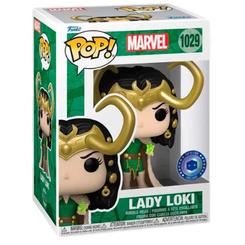 Figura POP Marvel Lady Loki Exclusive de vinilo con 9 cm de altura. Representa a Lady Loki con cuernos dorados y efecto de energía verde, presentada en caja regalo.