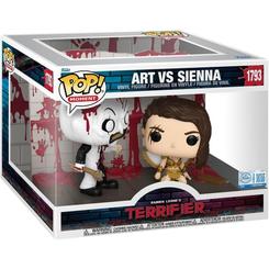 Figura POP Moments Terrifier Art vs Sienna Exclusive que representa una escena de la película Terrifier con Art y Sienna en una base con fondo sangriento y detalles icónicos.