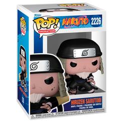 Figura POP Naruto Hiruzen Sarutobi en vinilo con caja regalo, representa al Tercer Hokage en postura de combate con pergamino y banda ninja de Konoha.