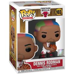 Figura POP NBA Legends Dennis Rodman Bulls Home de vinilo con 9 cm de altura. Representa a Dennis Rodman con el uniforme local de los Chicago Bulls y balón, en caja regalo con ventana.