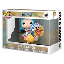 Figura POP Rides Vivi &amp; Karoo de One Piece que muestra a Vivi montada en Karoo con detalles como casco y vaso. La figura incluye base para exposición y forma parte de la línea POP Rides.