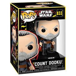 Figura POP Star Wars Count Dooku en vinilo con base y sable de luz rojo. Presentada en caja regalo, es una pieza estilizada ideal para coleccionistas y fans de la saga Star Wars.