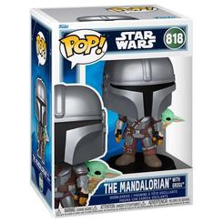 Figura POP Star Wars Mandalorian &amp; Grogu con base y caja regalo, vinilo con diseño característico de la línea POP que muestra al Mandaloriano con Grogu en brazos.
