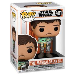 Figura POP Star Wars Mandalorian Mando Holding Child de vinilo con 9 cm de altura y caja regalo con ventana. Representa a Mando sosteniendo al Niño, con base negra y logo Star Wars.
