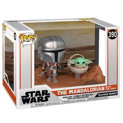 Figura POP Star Wars Mandalorian con Mandaloriano y The Child sobre base rocoso. Diseño estilizado típico POP que reproduce a los personajes principales de la serie Mandalorian.