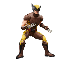 Figura articulada de Lobezno con traje marrón y amarillo de la serie Marvel Legends, mide 15 cm y viene con accesorios para distintas poses.
