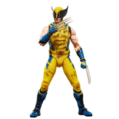Figura articulada de Lobezno de Marvel Legends Series con 15 cm de altura y accesorios incluidos. Representa al personaje con su traje clásico amarillo y azul en una pose dinámica.