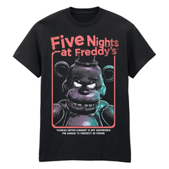 Camiseta oficial Five Nights at Freddy's VHS con diseño de Freddy en estilo retro VHS. Disponible en varias tallas y fabricada en tejido de alta calidad para uso cómodo y duradero.