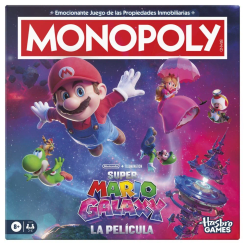 Juego Monopoly Super Mario Galaxy en español para 2 a 6 jugadores con 6 peones de plástico moldeado y tablero temático con propiedades galácticas. Incluye elementos icónicos de la franquicia y está recomendado para mayores de 8 años.