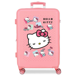 Maleta trolley de 65 cm con diseño de Hello Kitty en color rosa, fabricada en ABS con cierre TSA, ruedas multidireccionales y sistema expandible con organizador interior.