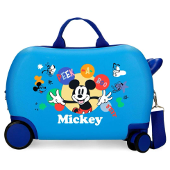 Maleta trolley de 45 cm con diseño de Mickey Mouse en azul, fabricada en ABS y equipada con 4 ruedas, 2 multidireccionales, ideal para niños y viajes cortos.