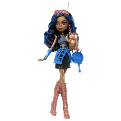 Muñeca Robecca Steam Repro Monster High con su mascota Captain Penny y accesorios. Incluye soporte para exposición y está recomendada para niños a partir de 6 años. Diseño steampunk con detalles en azul y cobre.