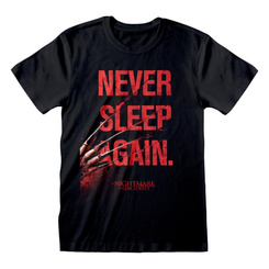 Camiseta negra Nightmare on Elm Street con la frase Never Sleep Again y la garra de Freddy Krueger. Prenda oficial de alta calidad disponible en varias tallas para fans de la saga de terror.
