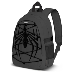 Mochila Spiderman Marvel de 44 cm con diseño del logo de araña en relieve y sistema de cuerdas elásticas. Sus medidas son 44x31x20 cm, ideal para uso diario con bolsillos laterales y correas acolchadas.