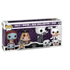 Blister con 4 figuras POP de vinilo de Pesadilla Antes de Navidad que incluye a Sally, el Alcalde, Jack Skellington y Zero, con el diseño característico de esta línea coleccionable.