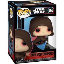 Figura POP de Darth Vader Unarmored de Star Wars en vinilo con base y sable azul. Presentada en caja regalo, destaca por su diseño sin armadura y la pose dinámica con capa y capucha.