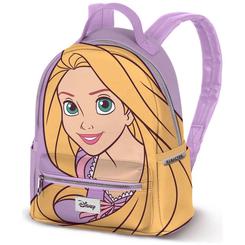 Mochila urbana Rapunzel Disney de 25x22x15 cm con dos bolsillos laterales y forro interior. Diseño compacto con la imagen del personaje en tonos lilas y amarillos, ideal para uso diario.