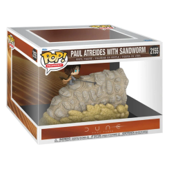 Figura POP de Paul Atreides montando un gusano de arena de Dune en vinilo, presentada en caja regalo que permite su exposición sin abrir.