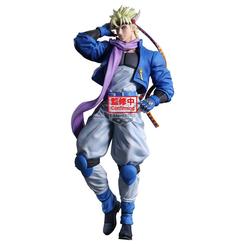 Figura de Caesar Anthonio Zeppeli de JoJo's Bizarre Adventure Battle Tendency, con 21 cm de altura y fabricada por Banpresto. Representa al personaje con su icónica chaqueta azul y bufanda morada en una pose dinámica.
