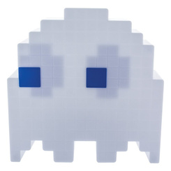 Lámpara Pac-Man Ghost V3 de 20 cm con 16 colores cambiantes y modo fiesta sound-to-light. Funciona por USB y presenta el diseño pixelado del fantasma clásico del videojuego.