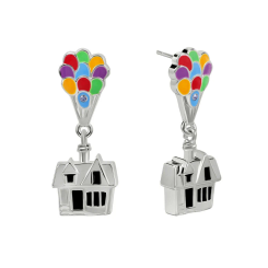 Pendientes Casa Up Disney con diseño colgante de la casa suspendida por globos, en metal plateado con globos esmaltados de colores.
