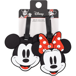 Set de 2 etiquetas de equipaje con los personajes Mickey y Minnie de Disney, fabricadas en silicona resistente para uso duradero. Incluye correas para sujetar fácilmente al equipaje.