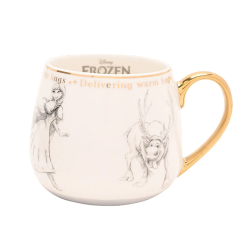 Taza Frozen Disney de porcelana china con ilustraciones esbozadas y detalles dorados en asa y borde. Diseño elegante con personajes Anna y Sven, ideal para uso diario o colección.