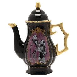 Tetera de cerámica de Pesadilla Antes de Navidad con diseño de Jack y Sally, acabados en negro y dorado que reflejan la estética oscura y elegante de la película.