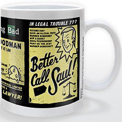 Taza oficial de Better Call Saul! basada en la serie de televisión Breaking Bad, realizada en cerámica con una capacidad de 0,33 litros, incluye grabados en el exterior. 