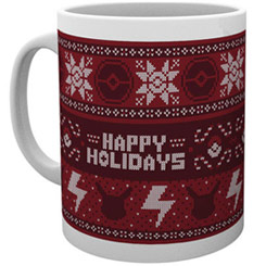 Taza oficial con el motivo de Happy Holidays basada en la serie Pokémon, la taza está realizada en cerámica con una capacidad de 0,33 litros, incluye grabados en el exterior.