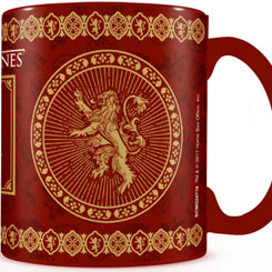 Taza oficial con el motivo del escudo de la familia Lannister basada en la serie de televisión Juego de Tronos, la taza está realizada en cerámica sensible al calor con una capacidad de 0,315 litros,
