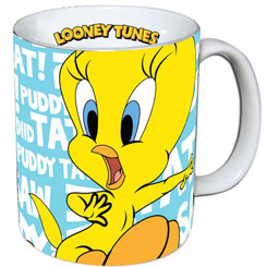 Taza oficial de los Looney Tunes con el motivo de Piolín (Tweety) realizada en cerámica.